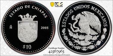 2005-Mo 10 Peso Chiapas KM-706  Ag PR69DCAM