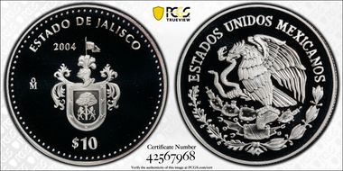 2004-Mo 10 Peso Jalisco KM-749  Ag PR69DCAM
