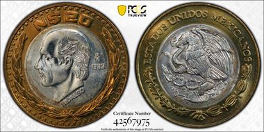 1993-Mo 20 Peso Longer Stems KM-561  Ag / AlBr MS63