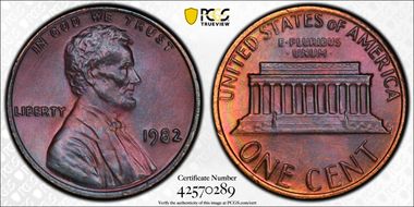 1982 1C Bronze, Large Date MS66BN