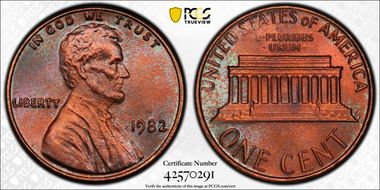 1982 1C Zinc, Large Date MS66BN