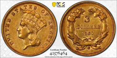1860-S $3 AU58