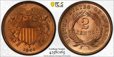 1864 2C Large Motto MS65+ RD