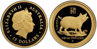 2007-P $15 Year of the Pig 1/10oz Au PR70DCAM