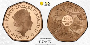 2021 50p Decimal Day 50th Ann. Au J. Clark Portrait, Frosted Rev PR70DCAM