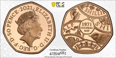 2021 50p Decimal Day 50th Ann. Au Struck on the Day PR70DCAM