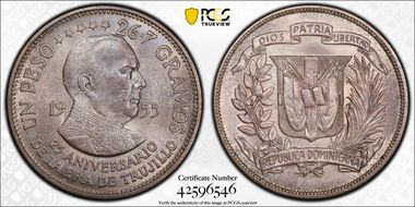 1955 Peso Trujillo Regime KM-23  Ag MS66