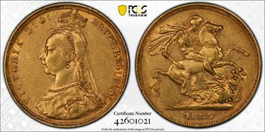 1887-M Sov S-3867 DISH M2 1st Obv JEB Higher Close AU50