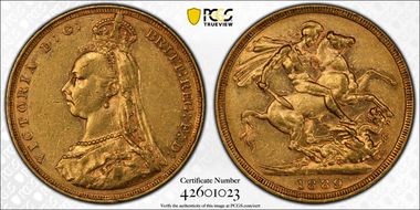 1889-M Sov S-3867A DISH M11 1st Obv. Angled J AU53