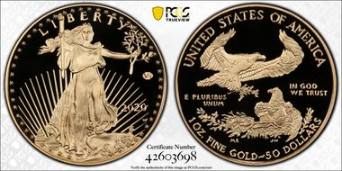 2020-W $50 Gold Eagle - v75 Privy 1 of 1945 Struck PR70DCAM