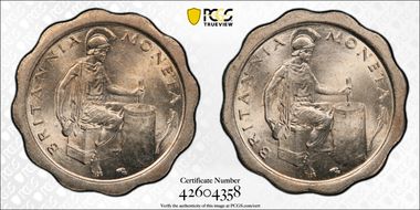 nd(1957) Trial BRITANNIA MONETA CuNi, 19mm Scalloped Planchet MS64