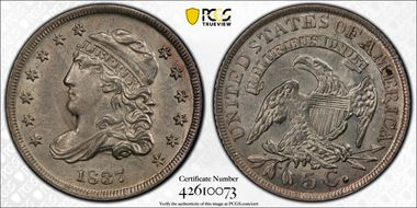 1837 H10C Capped Bust, Large 5C AU53