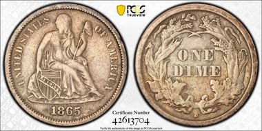 1865-S 10C F-102a VF30