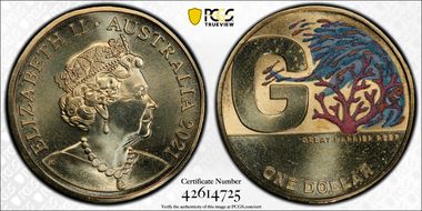 2021 $1 G- Great Barrier Reef Colorized Great Aussie Coin Hunt MS67