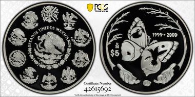 1999-2000-Mo 5 Peso Millennium Series Butterfly PR70DCAM