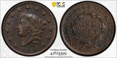 1820 1C N-8 Small Date AU58BN