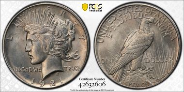 1921 $1 High Relief, Peace MS61