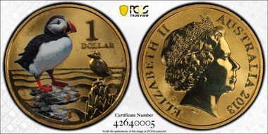 2013 $1 Puffin Al-Bronze Colorized MS68