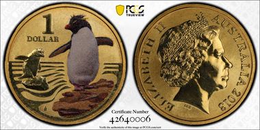 2013 $1 Rockhopper Penguin Al-Br Colorized MS68
