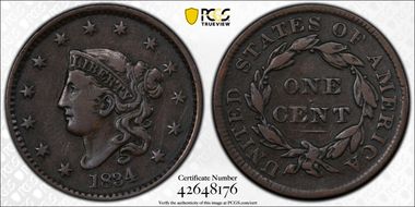 1834 1C Lg 8, Sm Stars, Med Let VF25BN