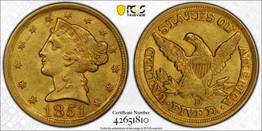 1851-D $5 MS62+