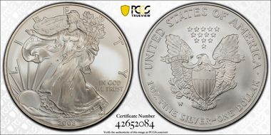 2008-W $1 Burnished Silver Eagle Reverse of 2007 SP69