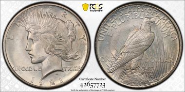 1921 $1 High Relief, Peace MS66