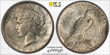 1921 $1 High Relief, Peace MS62