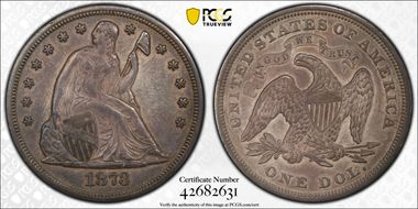 1873 $1 Seated AU53