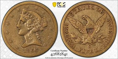 1866-S $5 No Motto VF20