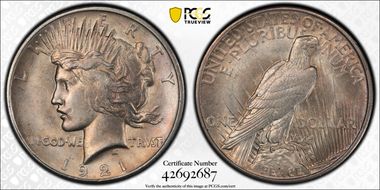 1921 $1 High Relief, Peace MS62
