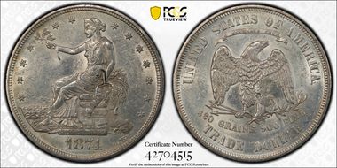 1874 T$1 Chopmarked AU55