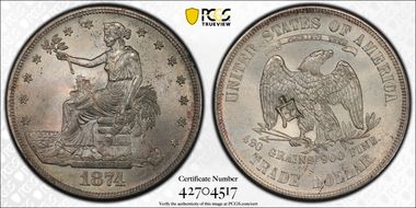 1874-S T$1 Chopmarked MS63