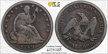 1849 50C WB-6, FS-301 Dramatically Doubled Date N1