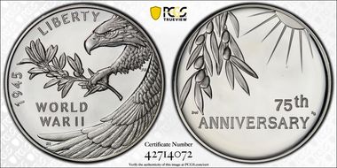 (2020) Medal End of World War II 75th Anniv.  First Strike PR68DCAM