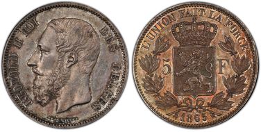 1865 5 Fr Leopold II - Small Head MS62