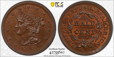 1849 1/2C MS65BN