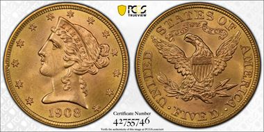 1908 $5 Liberty MS66