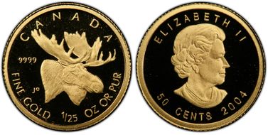 2004 50C Majestic Moose 25th Ann. Gold Maple Leaf PR70DCAM