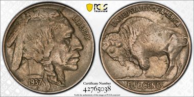 1937-D 5C 3 Legs AU50