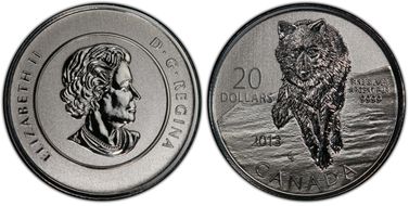 2013 $20 Wolf .9999 Silver SP69
