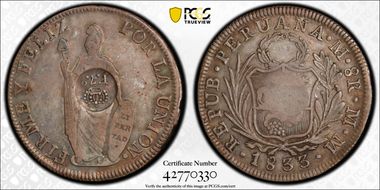 (1832-34) 8 R KM-83 C/M on Peru 8R AU50
