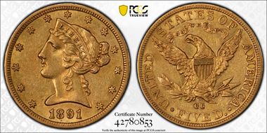 1891-CC $5 AU53