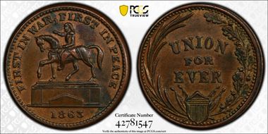 1863 Token F-176/271a Copper First in War, First in Peace AU55BN