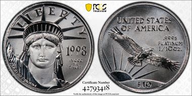 1998 $10 Statue of Liberty Mint Engravers Series Mercanti Flag MS70