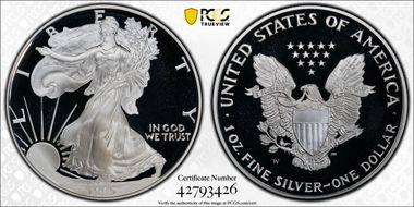 1995-W $1 Silver Eagle Mercanti Flag Signature PR70DCAM