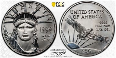 1999 $50 Statue of Liberty Mint Engravers Series Mercanti Flag MS70