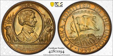 1959 SC50C Alaska Statehood Centennial Heraldic Art Medal Ag MS67