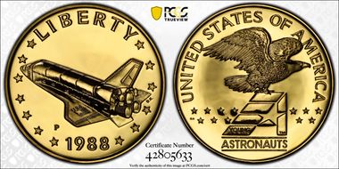 1988-P Medal D1988-1a Gold 12 Oz. Young Astronauts, Space Shuttle  PR68