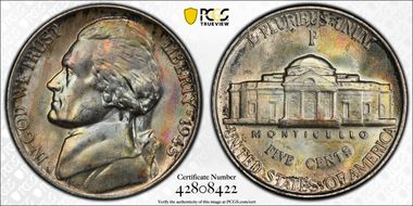 1945-P 5C Doubled Die Reverse MS67